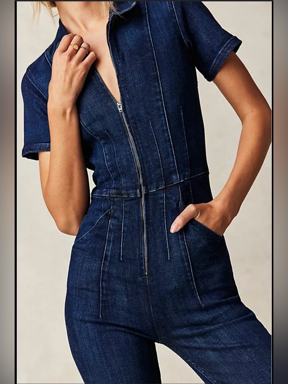 Free People We The Free Jayde Flare Denim Jumpsuit Dark Wash - Size Large